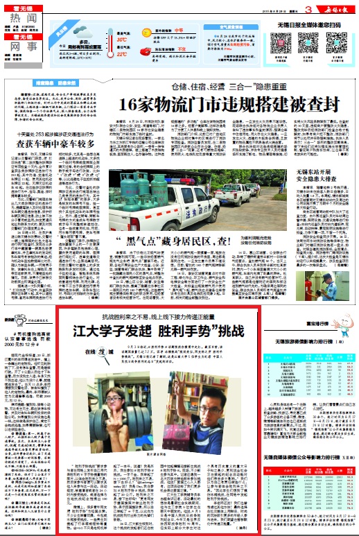 无锡日报报道我院“胜利手势挑战活动”
